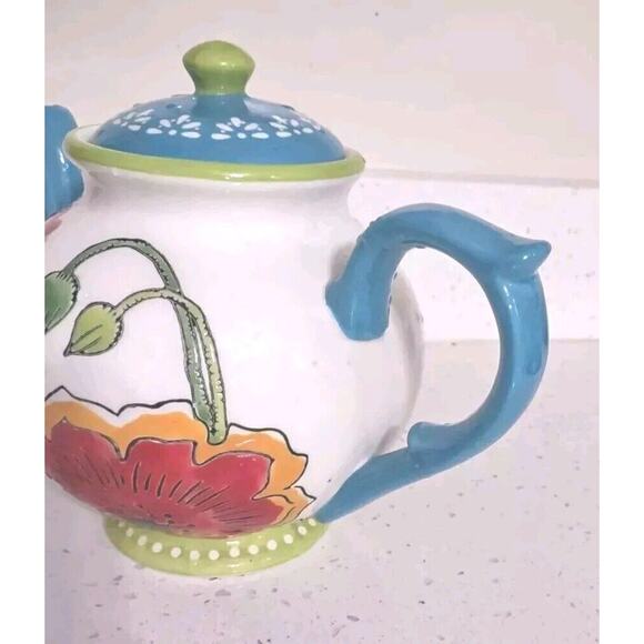 Vintage Dutch Wax Teapot Red Blue Floral Coastline Imports Ceramic - Picture 3 of 9